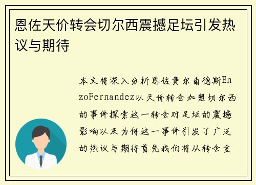 恩佐天价转会切尔西震撼足坛引发热议与期待